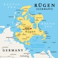 Ruegen or Rugia, the largest island of Germany, political map