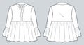 Ruffle Top technical fashion illustration. Three-quarter sleeve Shirt fashion flat technical drawing template, band collar, front