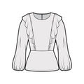 Ruffled blouse technical fashion illustration with hem, oval neck, back button-fastening keyhole, long bishop sleeve
