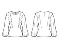 Ruffled blouse technical fashion illustration with hem, oval neck, back button-fastening keyhole, long bishop sleeve