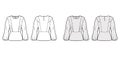 Ruffled blouse technical fashion illustration with hem, oval neck, back button-fastening keyhole, long bishop sleeve