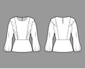 Ruffled blouse technical fashion illustration with hem, oval neck, back button-fastening keyhole, long bishop sleeve