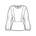 Ruffled blouse technical fashion illustration with hem, oval neck, back button-fastening keyhole, long bishop sleeve