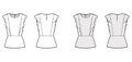 Ruffled blouse technical fashion illustration with hem, oval neck, back button-fastening keyhole, sleeveless, fitted