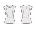 Ruffled blouse technical fashion illustration with hem, oval neck, back button-fastening keyhole, sleeveless, fitted