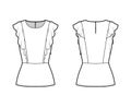 Ruffled blouse technical fashion illustration with hem, oval neck, back button-fastening keyhole, sleeveless, fitted