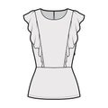 Ruffled blouse technical fashion illustration with hem, oval neck, back button-fastening keyhole, sleeveless, fitted