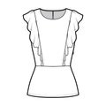 Ruffled blouse technical fashion illustration with hem, oval neck, back button-fastening keyhole, sleeveless, fitted