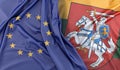 Ruffled Flags of European Union and Lithuania (with coat of arms). 3D Rendering Royalty Free Stock Photo
