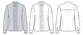 Ruffled Shirt technical fashion Illustration. Classic Shirt fashion flat technical drawing template, cuffed long sleeve