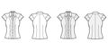Ruffled shirt technical fashion illustration with sharp collar, fluttery ruffles short sleeves, fitted body.