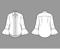 Ruffled shirt technical fashion illustration with sharp collar, voluminous fluted cuffs, long sleeves, oversized body