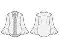 Ruffled shirt technical fashion illustration with sharp collar, voluminous fluted cuffs, long sleeves, oversized body
