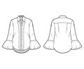 Ruffled shirt technical fashion illustration with sharp collar, voluminous fluted cuffs, long sleeves, oversized body