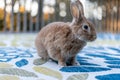 Rufus rabbit in fall setting surrounded by mums and pumpkins at sunset with beautiful golden light Royalty Free Stock Photo