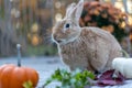 Rufus rabbit in fall setting surrounded by mums and pumpkins at sunset with beautiful golden light Royalty Free Stock Photo