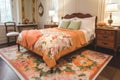 A rug with a bright floral pattern is the perfect centerpiece to a Frenchcountrystyle bedroom warmed by orange and