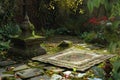 A rug is peacefully laid on the ground in a well-maintained garden surrounded by landscaped plants and flowers, A prayer mat in a