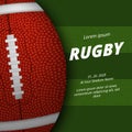 Rugby or american football sport league competition poster announcement with realistic 3d oval ball top view on the green field Royalty Free Stock Photo