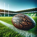 Rugby ball with tribal ornament, resting on a sideline of the lush green rugby field. Generative AI