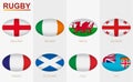 Rugby ball icon with flag of England, France, Ireland, Italy, Scotland, Wales, Georgia and Fiji