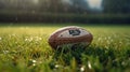 Rugby Ball. Illustration of a brend new rugby ball on a green field. Generative AI (Real 300 DPI) Royalty Free Stock Photo