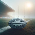 Rugby ball with tribal patterns on the misty stadium. Generative AI