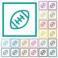 Rugby ball outline flat color icons with quadrant frames