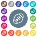 Rugby ball outline flat white icons on round color backgrounds