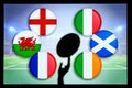 Rugby ball silhouette in hand. Flags of Six Nations, England, Wales, France, Italy, Ireland, Scotland