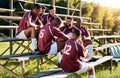 Rugby, break and team of sports men talking, relax and share ideas for training at a field. Fitness, friends and man Royalty Free Stock Photo