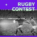 Rugby contest text in green on purple with diverse male rugby players running on pitch with ball Royalty Free Stock Photo