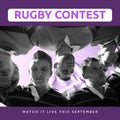 Rugby contest text in purple on white and purple with caucasian male rugby players in scrum