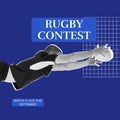 Rugby contest text in white on blue with caucasian male rugby player catching ball