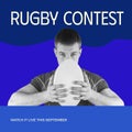 Rugby contest text in white on blue with caucasian male rugby player holding ball