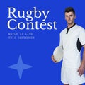 Rugby contest text in white on blue with caucasian male rugby player holding ball