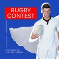 Rugby contest text in white on red and blue with snarling caucasian male rugby player holding ball