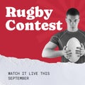 Rugby contest text in white on red with caucasian male rugby player holding ball