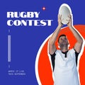 Rugby contest, watch it live text and caucasian male rugby player holding ball on red and blue