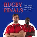 Rugby finals text in red on blue with portrait of two diverse male rugby players Royalty Free Stock Photo