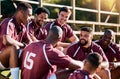 Rugby, men and sports team talking, relax and share ideas for training at a field. Fitness, friends and man group Royalty Free Stock Photo