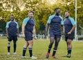 Rugby, men on team and diversity on field, sports and strong athlete group outdoor with fitness and muscle. Professional