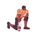 Rugby player getting ready to play American football, field game. African athlete with ball in hand. Black man in helmet