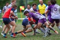 Rugby player making the tackle,