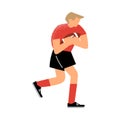 Rugby player in a red t-shirt running and defense the ball. Vector illustration in flat cartoon style. Royalty Free Stock Photo
