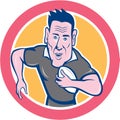 Rugby Player Running Charging Circle Cartoon