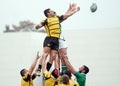 Rugby players fight for ball Royalty Free Stock Photo
