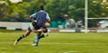 Rugby, tackle and action, black man running to score goal on field at game, match or practice workout. Sports, fitness