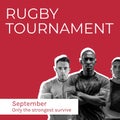 Rugby tournament text in white on red with three diverse male rugby players