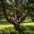 Gnarly ancient juniper tree trunk with spreading branches stands tall in sunlit field Royalty Free Stock Photo